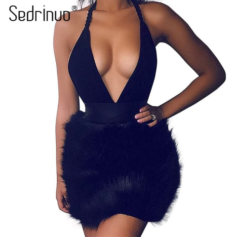 Sedrinuo Sexy Dresses Party Night Club Dress 2017 New Fashion Fur Deeps V neck Off the Shoulder Bodycon Backless Women Dresses
