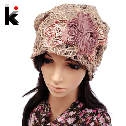 Women's Beanie Pilecap female spring and autumn lace thin pocket cutout mesh hat month of cap toe cap turban hat covering