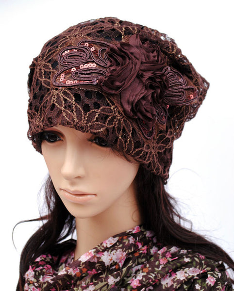 Women's Beanie Pilecap female spring and autumn lace thin pocket cutout mesh hat month of cap toe cap turban hat covering