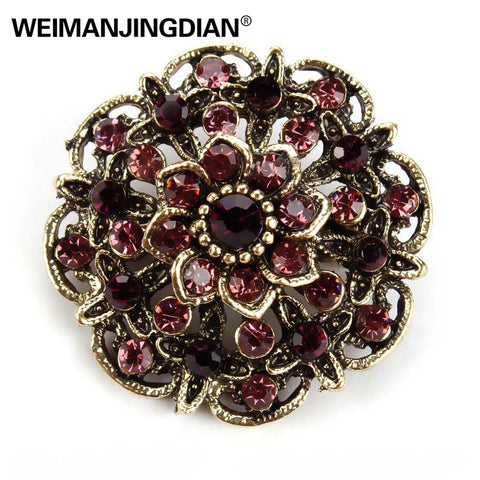 WEIMANJINGDIAN Brand Vintage Gold Color Plated Crystal Rhinestones Flower Antique Brooch Pins for Women in Assorted