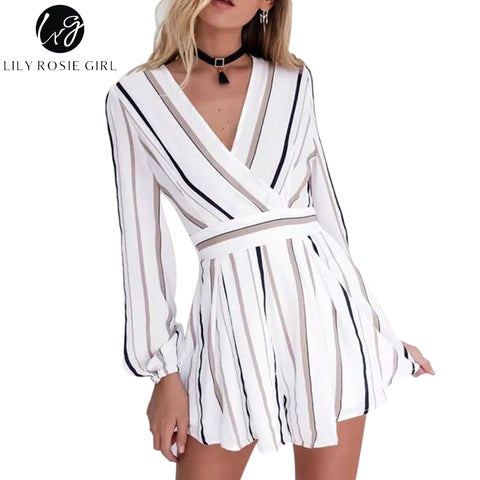 Autumn 2016 Sexy Black and Brown Striped Jumpsuit Romper Women V Neck Long Sleeve Overalls Beach Casual New Belt Beach Playsuit