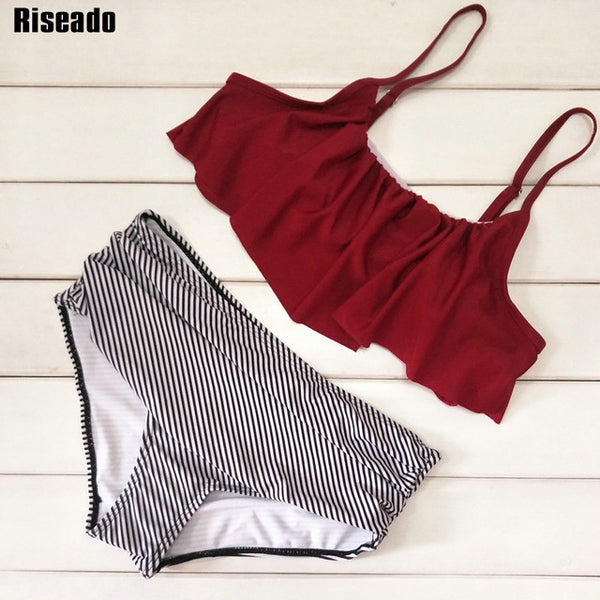 Riseado High Waist Swimwear Women New 2017 Ruffle Vintage Bikini Swimsuit Bandage Striped Bottom Bathing Suits