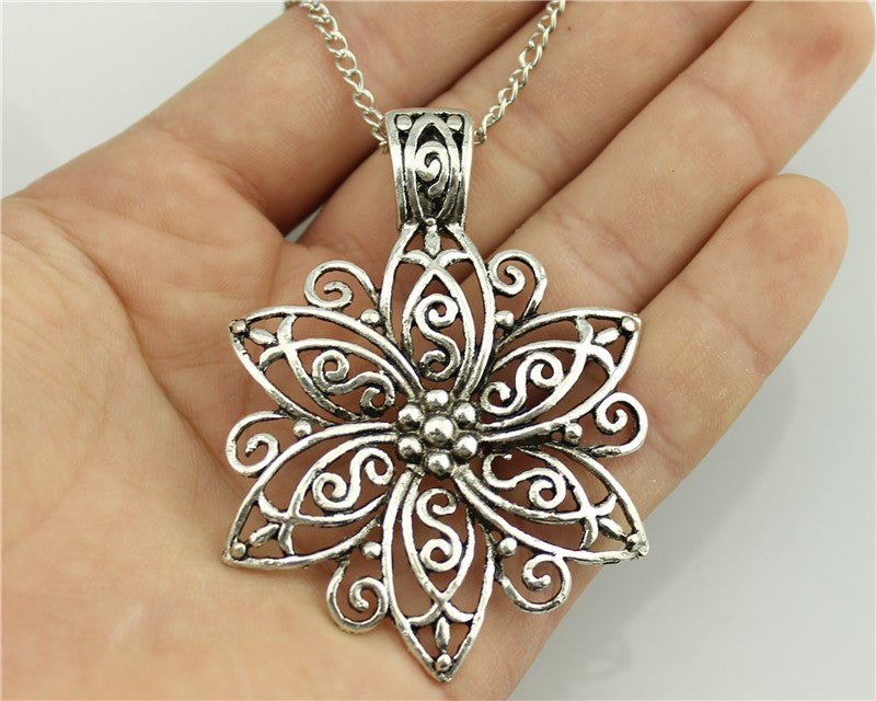 WYSIWYG Fashion Simple Antique Silver Color 66*47mm Big Flower Pendant Necklace , 70Cm Chain Long Necklace