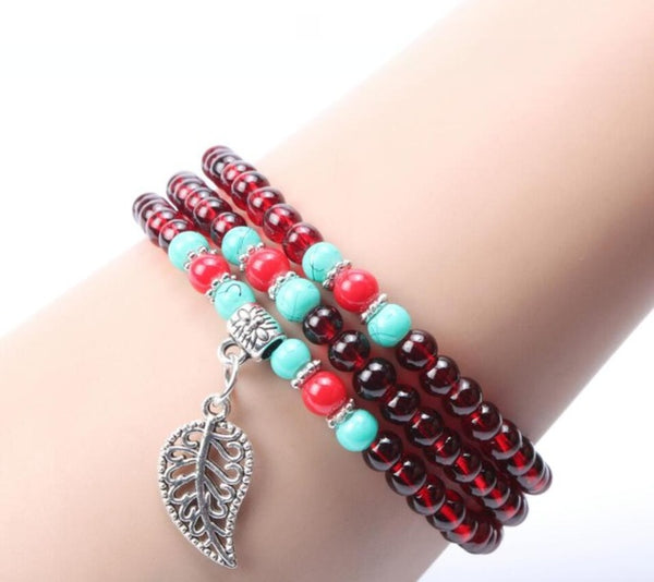 Tibet Ethnic Handmade Dia 6mm Wood Beads Rosary Multilayer Bracelets for Women Jewelry Dia 4mm Imitation Garnet charms bracelet