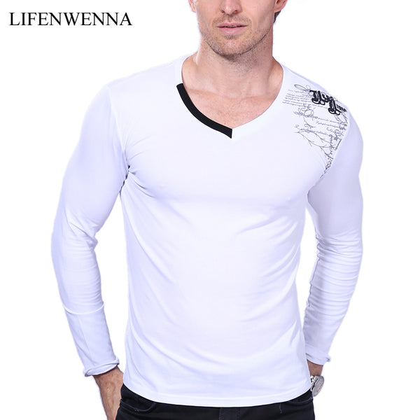 T Shirt Men Long Sleeve New Fashion 2017 Print Spring Men's Brand Clothing Casual Slim V-neck Cotton T shirt Homme Tees M-5XL
