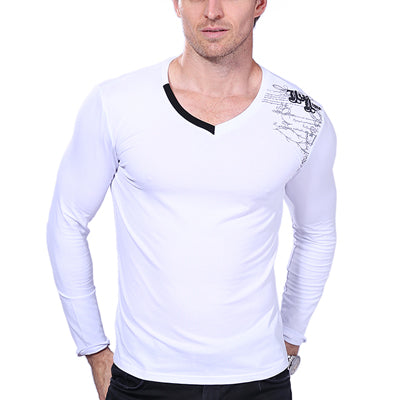 T Shirt Men Long Sleeve New Fashion 2017 Print Spring Men's Brand Clothing Casual Slim V-neck Cotton T shirt Homme Tees M-5XL