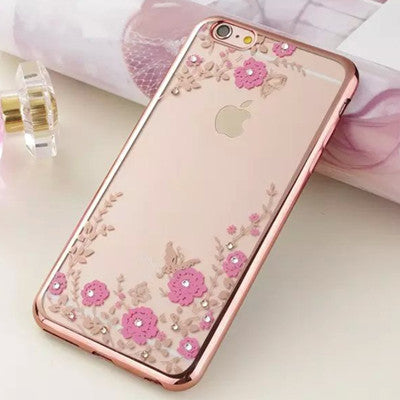 For iPhone 8 5S SE 6 6S Plus 7 Plus Case Luxury Flower Flora Bling Diamond Rhinestone Clear Soft TPU Cover For iPhone 7 Case
