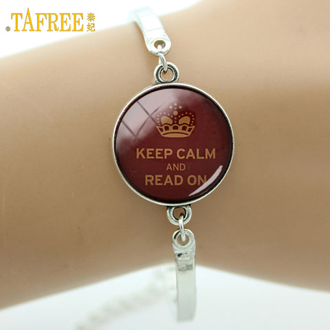 TAFREE Glass gem charm Bangle I Love Reading 'Keep Calm and Read On' Art Picture Bracelet,Book Vintage noble Jewelry women D15