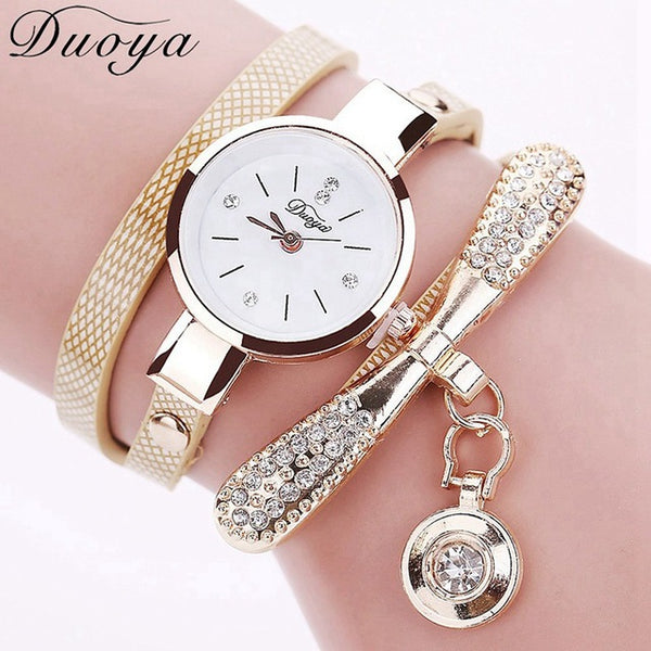 Duoya Women Bracelet Fashion Watch Gold Crystal Rhinestone Leather Dress Quartz Wristwatch Clock Ladies Vintage Luxury Watch