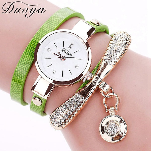 Duoya Women Bracelet Fashion Watch Gold Crystal Rhinestone Leather Dress Quartz Wristwatch Clock Ladies Vintage Luxury Watch