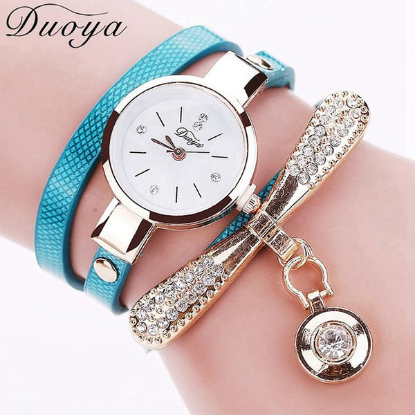 Duoya Women Bracelet Fashion Watch Gold Crystal Rhinestone Leather Dress Quartz Wristwatch Clock Ladies Vintage Luxury Watch