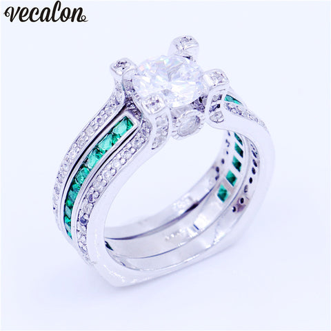 Vecalon Female Luxury Jewelry Engagement ring Green AAAAA Zircon cz 925 Sterling Silver wedding Band ring Set for women