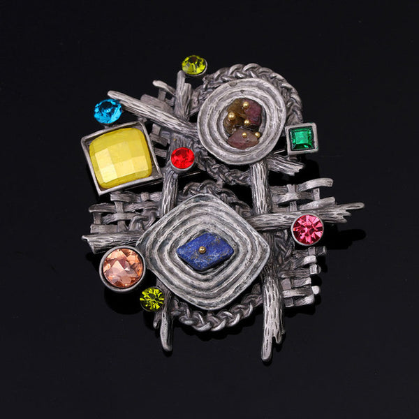 JUJIE Retro Brooches For Women Vintage Rhinestone Pins Multicolor Nature Stone Brooch Female Geometric Irregular Crystal Jewelry
