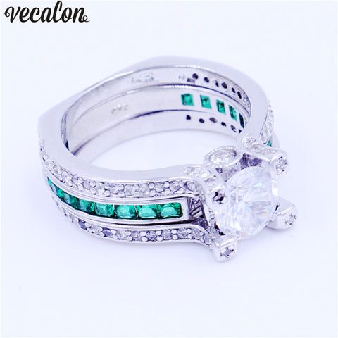 Vecalon Female male Luxury Jewelry Engagement ring Green zircon Cz 925 Sterling Silver wedding Band ring Set for women men