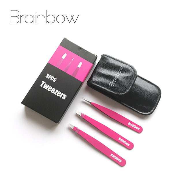 Brainbow 3pc Eyebrow Tweezer Set Stainless Steel Slant Tip/Point Tip/ Flat Tip Eyes Tweezer For Face Hair Removal Make Up Tools