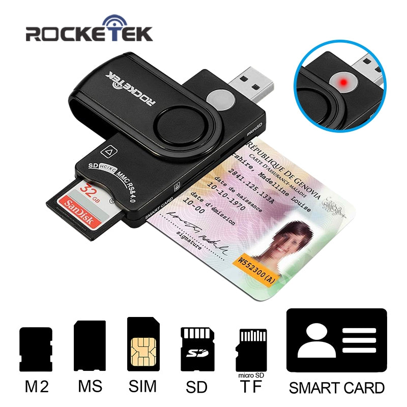 Rocketek USB 2.0 Smart Card Reader DOD Military CAC Common Access,Bank card, ID, SD, Micro SD/TF MS M2,sim card adapter