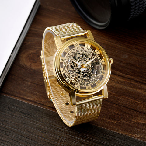 SOXY Luxury Skeleton Wrist Watch Men Gold Watch Mens Watches Steel Mesh Men's Watch Clock saat relogio masculino reloj hombre