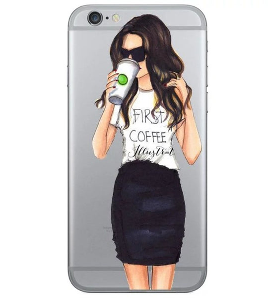 LACK Beautiful Girl drink coffee Design Case For iphone 6 Case For iphone 6S 6 Plus Transparent TPU Cover Fashion Phone Cases