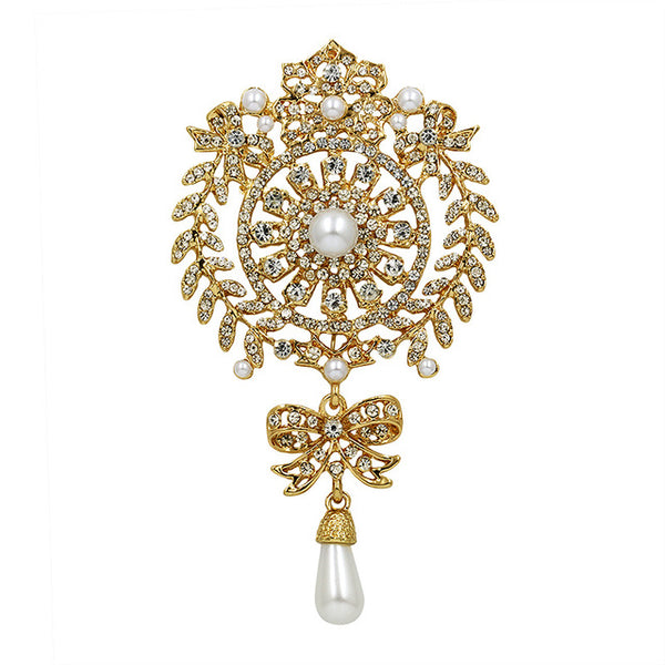 New Fashion Large Size Crystal Diamante and Imitation Pearl Drop Scroll Brooches for Women or Wedding