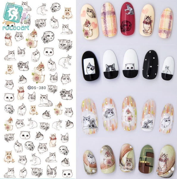 Rocooart DS373-384 Water Transfer Nails Art Sticker Harajuku Element Cats Kitty Caterpillar Nail Wrap Sticker sticker