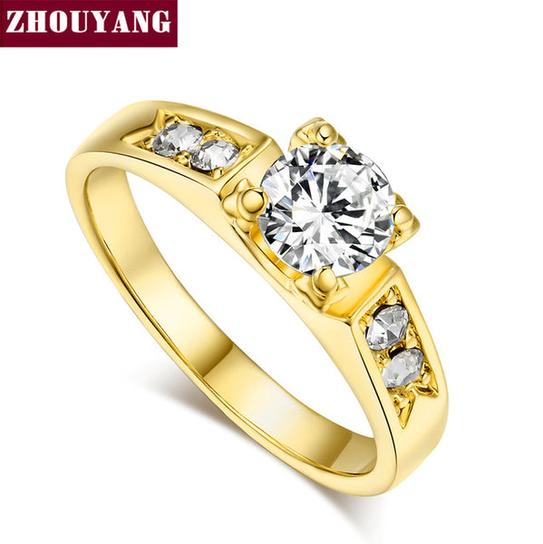 ZHOUYANG Classical 6mm Prong Setting Wedding Ring Real Rose Gold/WhiteGold/YellowGold Color  For Women ZYR051 ZYR052 ZYR596