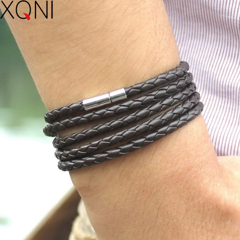 XQNI Brand Boys Punk Sproty Chain Link Charm Bracelet Bangles Fashion Handmade Wrap Leather Bracelet Men Jewelry