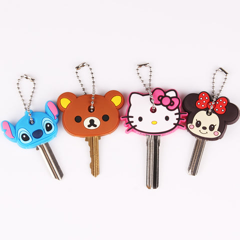 Anime Silicone Key Cap Cat Minion Key Chain Women Bag Charm Key Holder Mickey Key Ring Owl Keychain Hello Kitty Stitch Key Cover