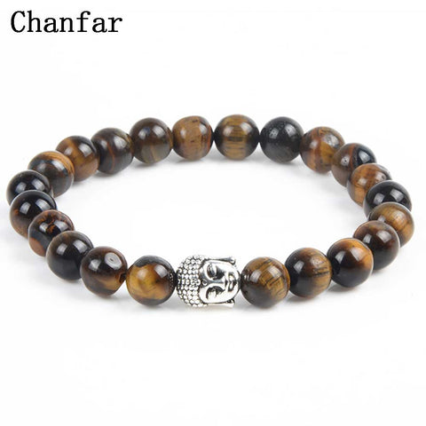 Chanfar Antique Silver Plated Buddha Bracelet Tiger Eye Lava Natural Stone Bracelet Bangle Women Men Jewelry Pulseras 2016