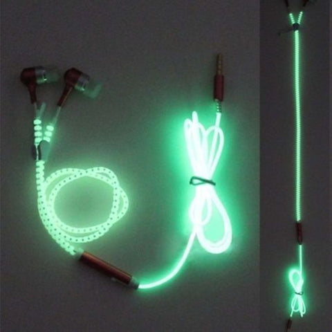 Cute Glow In The Dark  Metal Earphones Earbuds With Mic Glowing Zipper Headset Luminous Lighting Stereo Handsfree earpiece