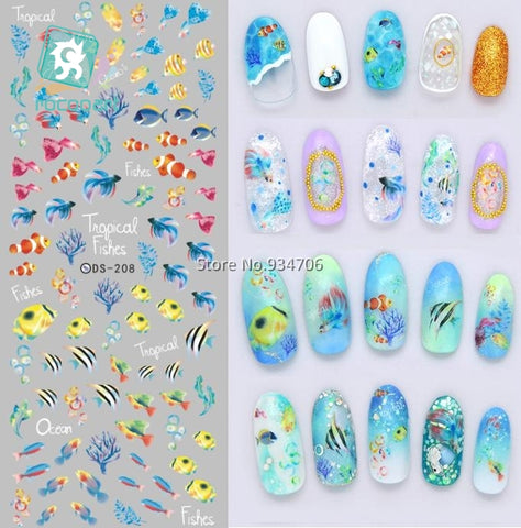 Rocooart DS208 Nail Design Water Transfer Nails Art Sticker Color Ocean Fishes Nail Wraps Sticker Watermark Fingernails Decals