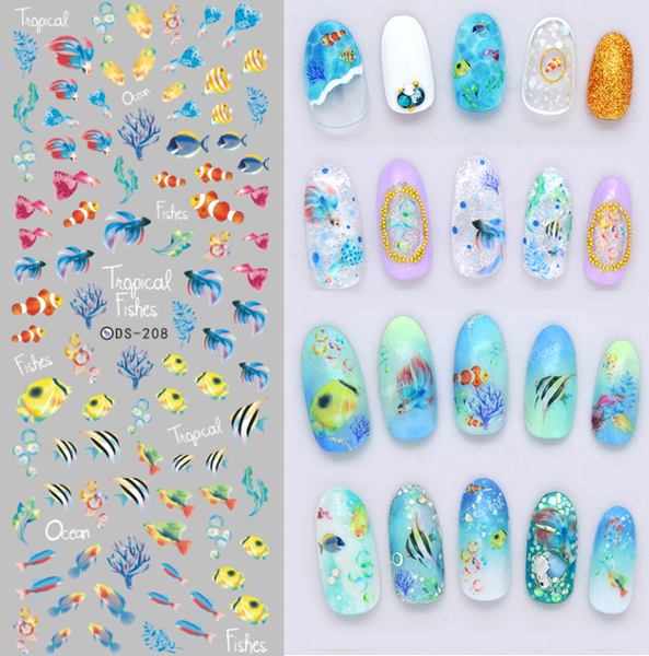 Rocooart DS208 Nail Design Water Transfer Nails Art Sticker Color Ocean Fishes Nail Wraps Sticker Watermark Fingernails Decals