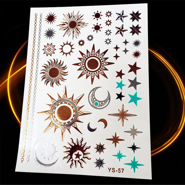 1PC Gold Silver Tattoo India Sun Moon Stars Waterproof Temporary Tattoo Sticker HCT126 Black Chain Bracelet Design Flash Tattoos