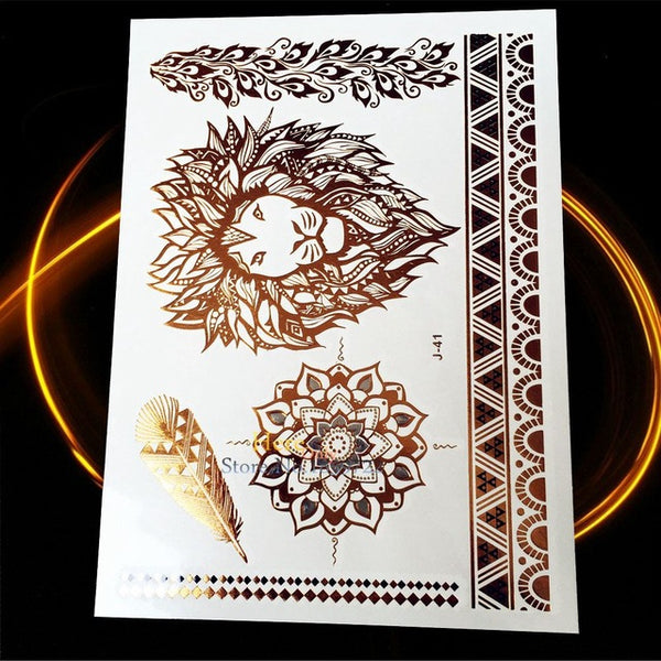 1PC Gold Silver Tattoo India Sun Moon Stars Waterproof Temporary Tattoo Sticker HCT126 Black Chain Bracelet Design Flash Tattoos