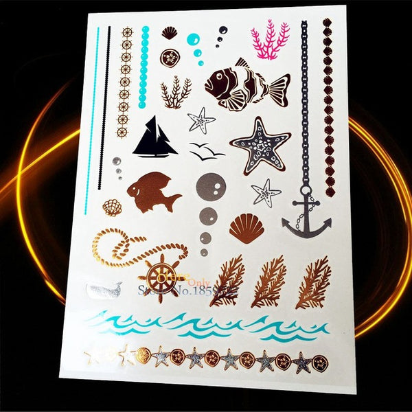 1PC Gold Silver Tattoo India Sun Moon Stars Waterproof Temporary Tattoo Sticker HCT126 Black Chain Bracelet Design Flash Tattoos