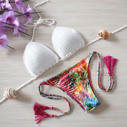 2017 New Bikini Women Pure Handmade Crochet Swimsuit Sexy Floral Print Bikini Swimwear Women Low Waist Bathing Suit Biquini Sets