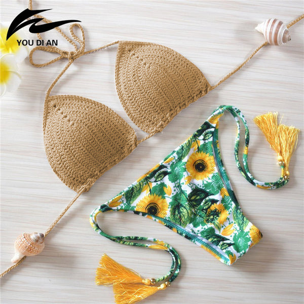 2017 New Bikini Women Pure Handmade Crochet Swimsuit Sexy Floral Print Bikini Swimwear Women Low Waist Bathing Suit Biquini Sets