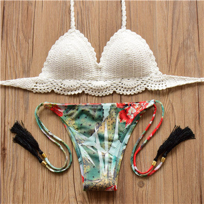 2017 New Bikini Women Pure Handmade Crochet Swimsuit Sexy Floral Print Bikini Swimwear Women Low Waist Bathing Suit Biquini Sets