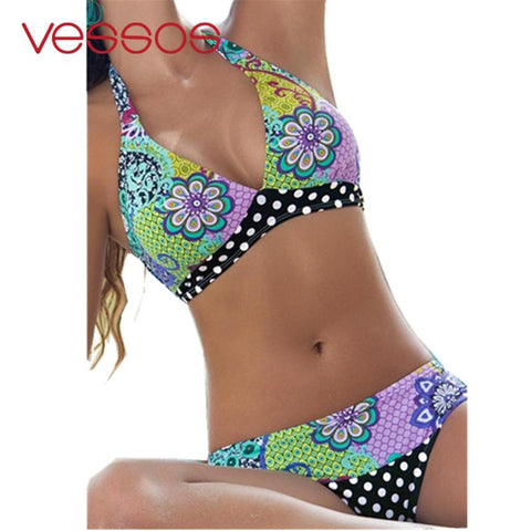 VESSOS Women Sexy Floral Printed Bikini Set Swimwear Halter Hanging Neck Swimsuit Comfortably Swimwear Bathing Suit