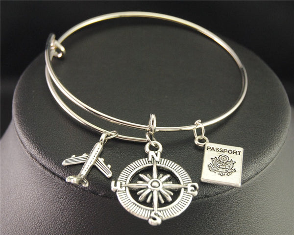 Silver Wanderlust Traveling The World Airplane Compass Passport Charm Wire Wrapped Bangle Bracelet Traveler Jewellery