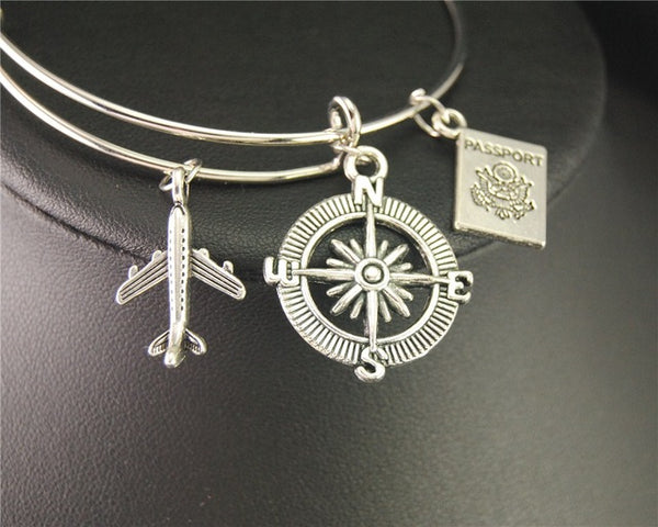 Silver Wanderlust Traveling The World Airplane Compass Passport Charm Wire Wrapped Bangle Bracelet Traveler Jewellery