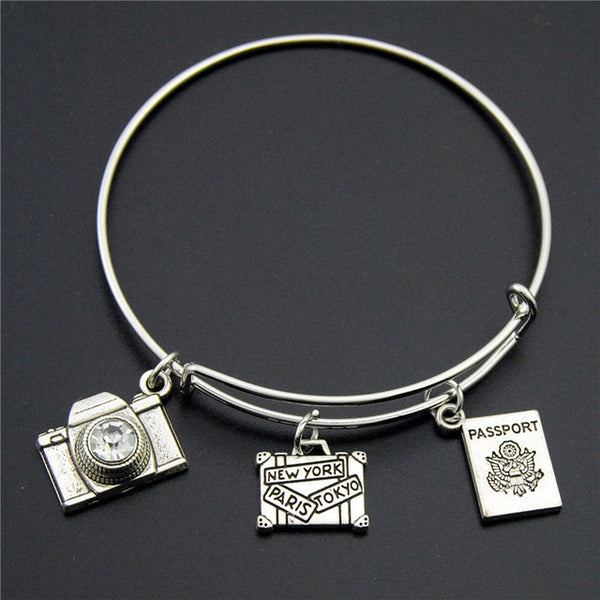Silver Wanderlust Traveling The World Airplane Compass Passport Charm Wire Wrapped Bangle Bracelet Traveler Jewellery