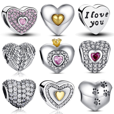 100% Authentic 925 Sterling Silver Heart Shape Charm Beads Fit pandora Charm Bracelet DIY Original Silver Jewelry