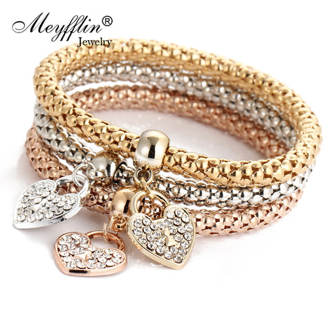 3PCS Set Crystal Bracelets & Bangles 2017 Gold Wrap Charm Bracelets Femme for Women Men Fashion Jewelry Multilayer Bijoux
