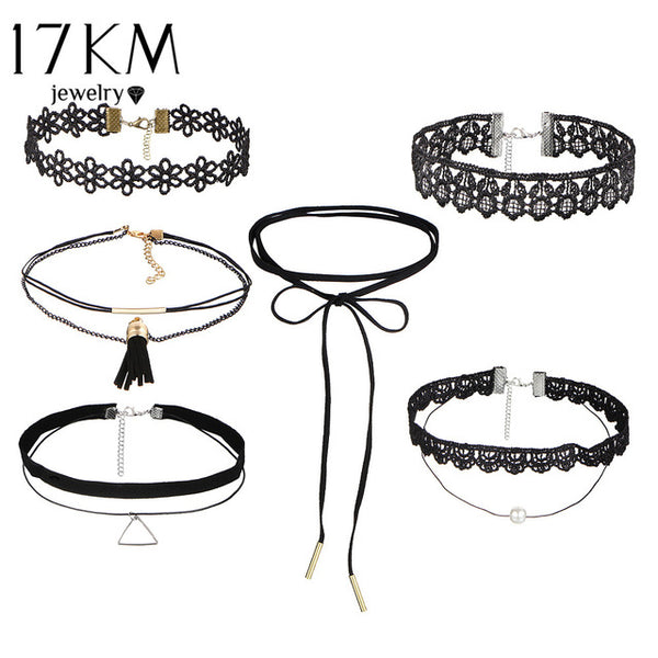 17KM Beads Crystal Heart Necklace Leather Lace Flower Choker Necklace for Women Stone Infinity Jewelry Gifts 6 PCS/set PU