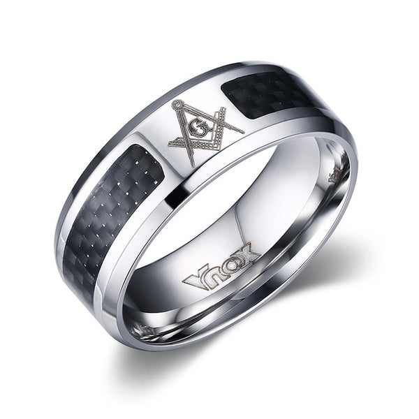 Vnox Masonic Men Ring Stainless Steel & Carbon Fiber 8mm Punk Wedding Jewelry US size 4 5 6 7 8 9 10 11 12
