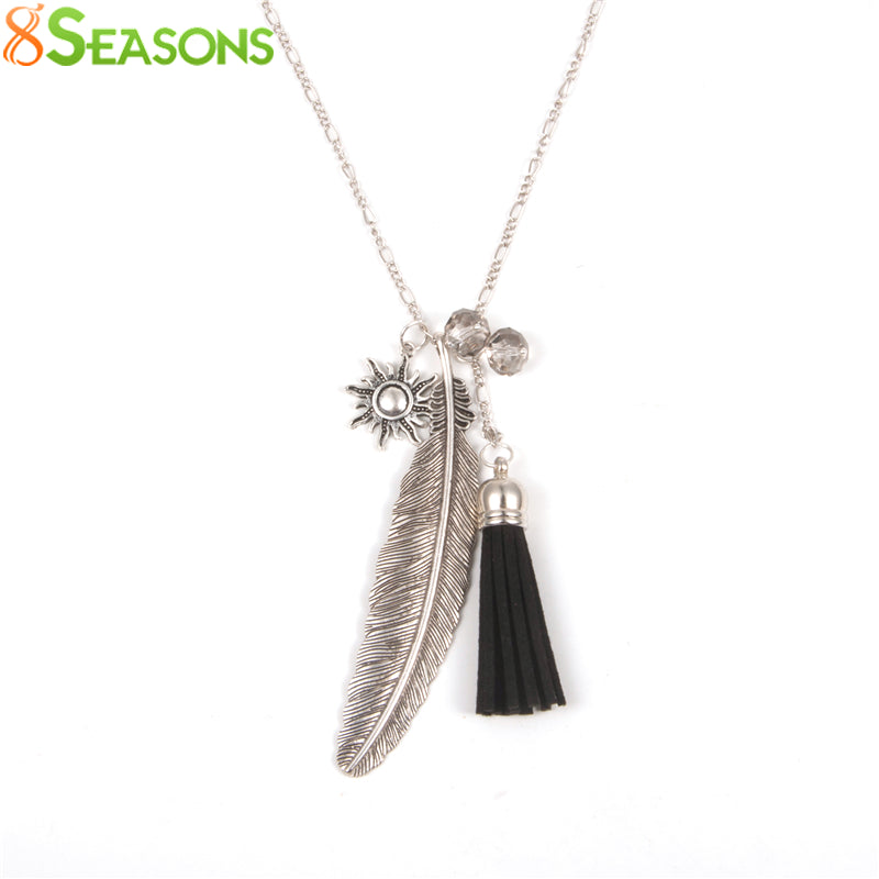 8SEASONS "Freedom" Fashion Tassel Pendant Necklace Feather Necklace Link Chain Silver Tone Color 73cm(28 6/8")long Black 1 Piece