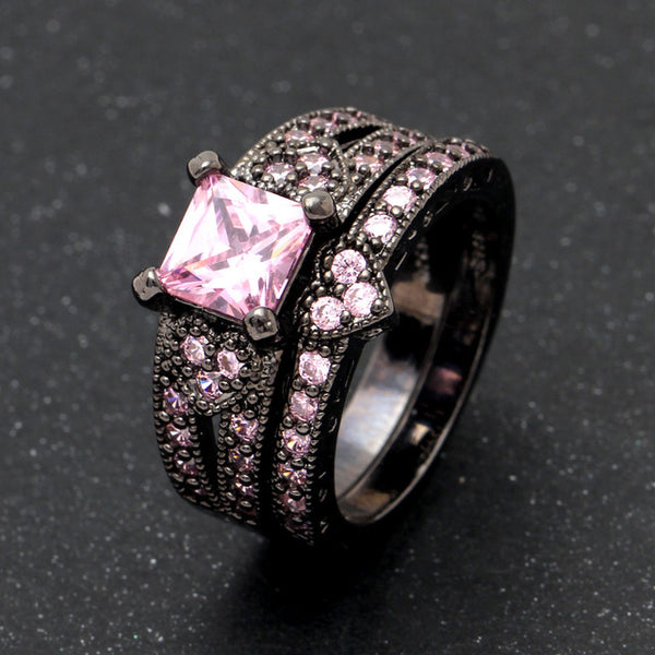 silver plated ring set heart shape black gold color ring pink blue green cz paved white zircon cut modern design rings jewelry