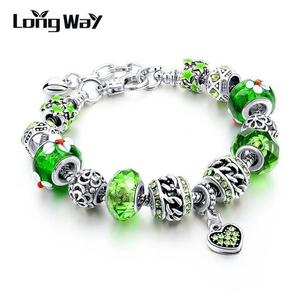 2017 Silver Charm Bracelets Christmas gift For Women With Crystal Beads Bracelets & Bangles Pulseras DIY Jewelry SBR160037