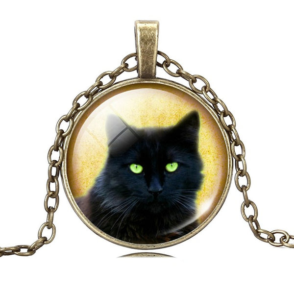 LIEBE ENGEL Unique Necklace Glass Cabochon Silver Bronze Chain Necklace Black Cat Picture Vintage Pendant Necklace For Women