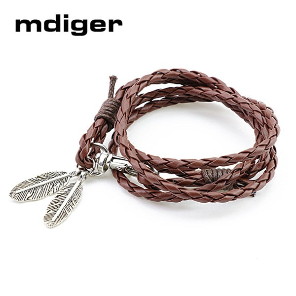 Mdiger Fashion Jewelry PU Leather Bracelets Charm Gift Bangles Multilayer Feather Bracelet Accessories Wedding Men Jewelry